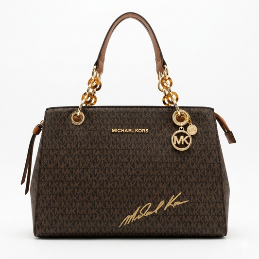 Michael Kors Cynthia Large Logo Satchel – Exclusive Signature Monogram Tote with Chain Link Detail
