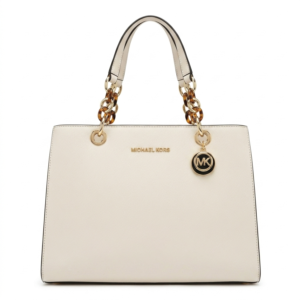 Michael Kors Cynthia Large Logo Satchel – Exclusive Signature Monogram Tote with Chain Link Detail