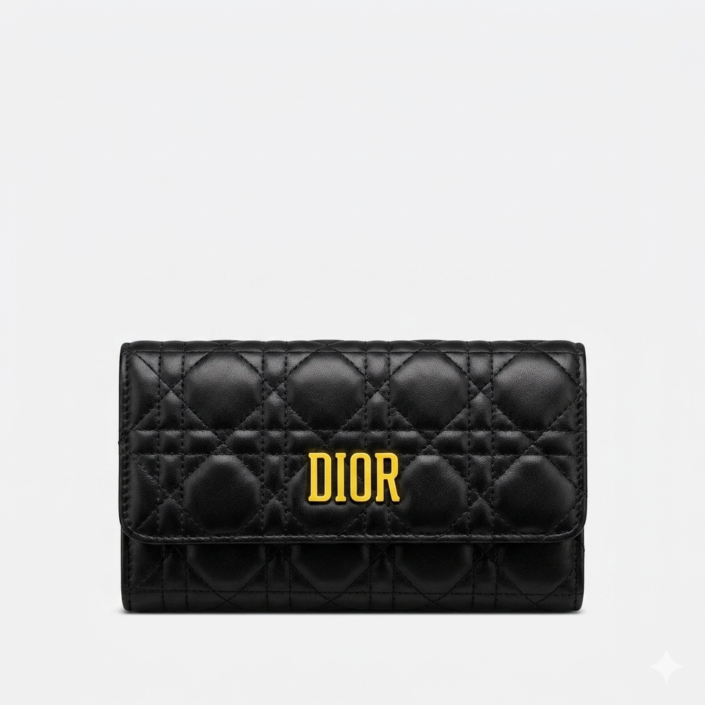 DIOR Women's Luxury Cannage Quilted Wallet – Premium Black Leather