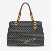 Michael Kors Cynthia Large Logo Satchel – Exclusive Signature Monogram Tote with Chain Link Detail