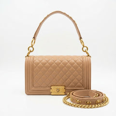 Chanel Beige Quilted Caviar Leather Medium Boy Flap Bag - Premium Designer Shoulder Handbag