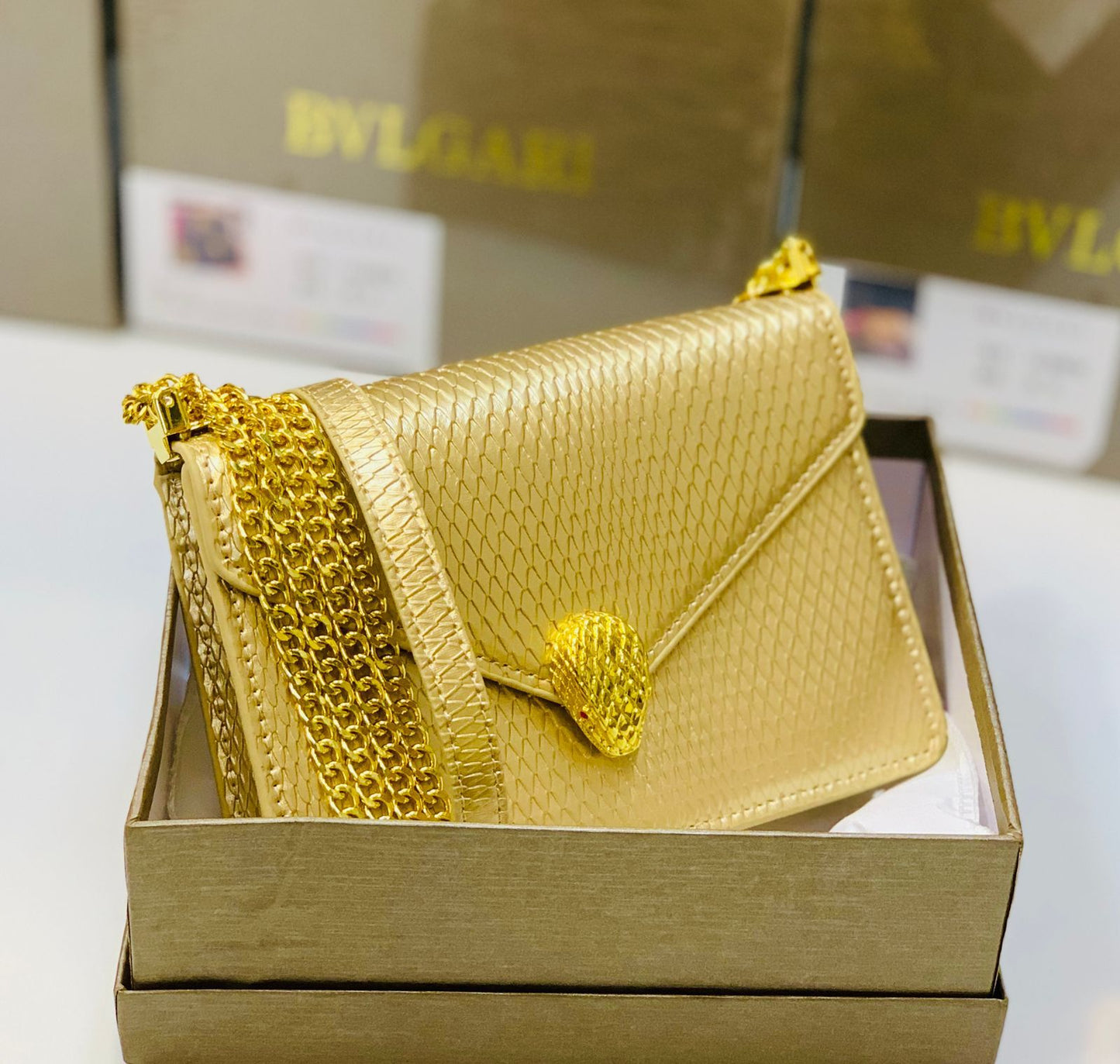 Bvlgari Serpenti Forever Silver & Golden Metallic Leather Clutch with Gold-Tone Chain