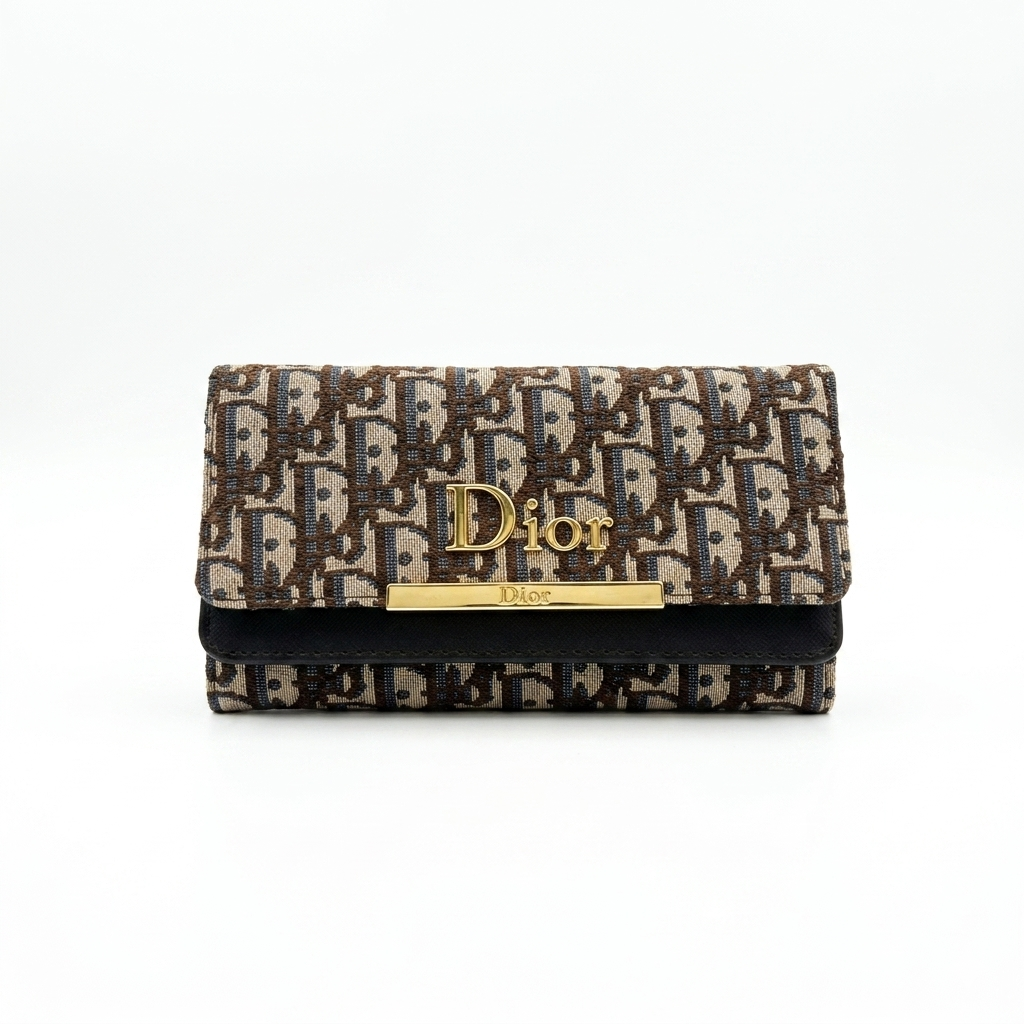 DIOR Women's Luxury Oblique Jacquard Flap Wallet – Classic Beige & Blue Monogram Canvas