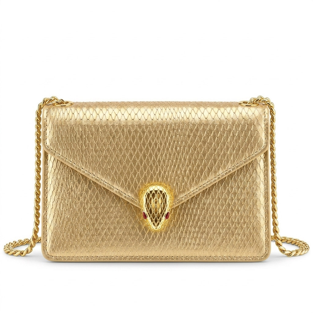 Bvlgari Serpenti Forever Silver & Golden Metallic Leather Clutch with Gold-Tone Chain