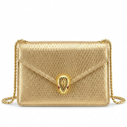Bvlgari Serpenti Forever Silver & Golden Metallic Leather Clutch with Gold-Tone Chain