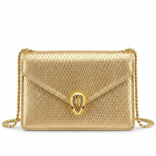 Bvlgari Serpenti Forever Silver & Golden Metallic Leather Clutch with Gold-Tone Chain