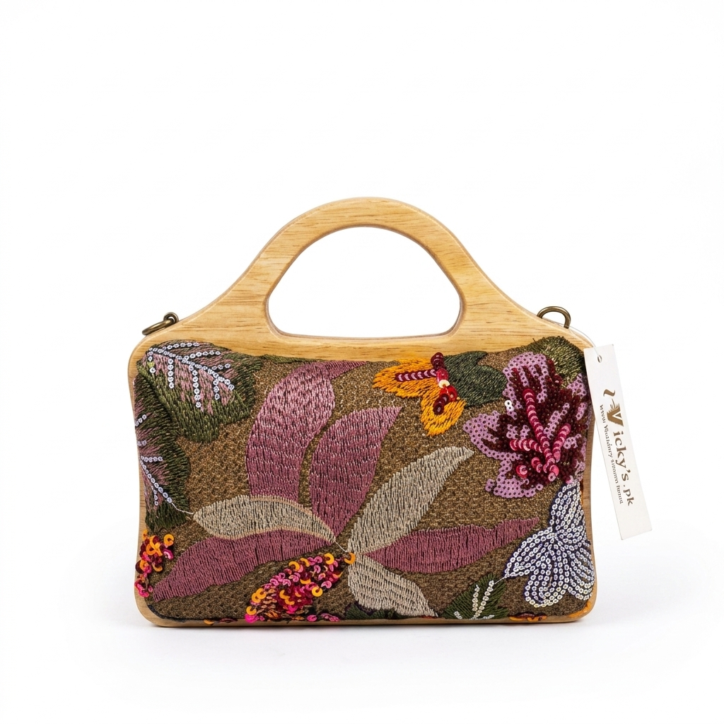 Artisanal Floral Embroidered Wooden Handle Handbag Collection