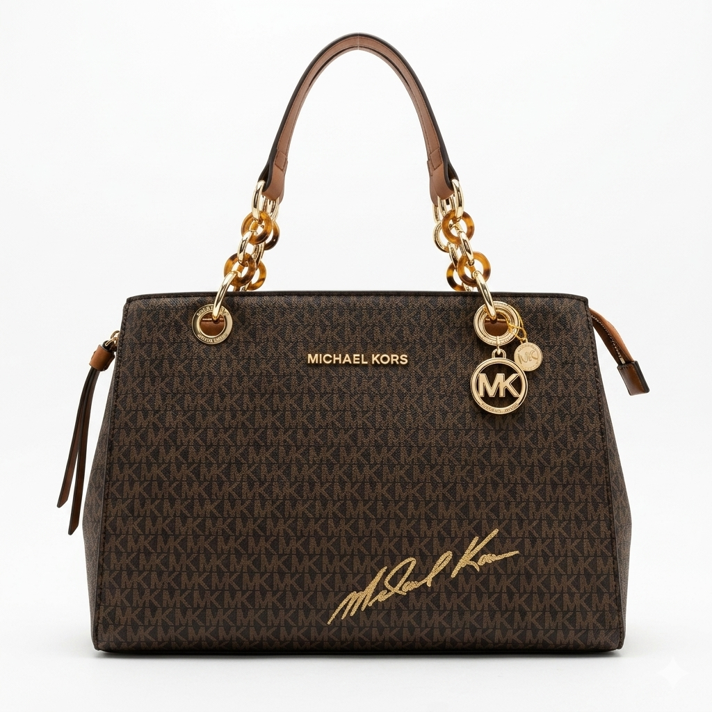 Michael Kors Cynthia Large Logo Satchel – Exclusive Signature Monogram Tote with Chain Link Detail
