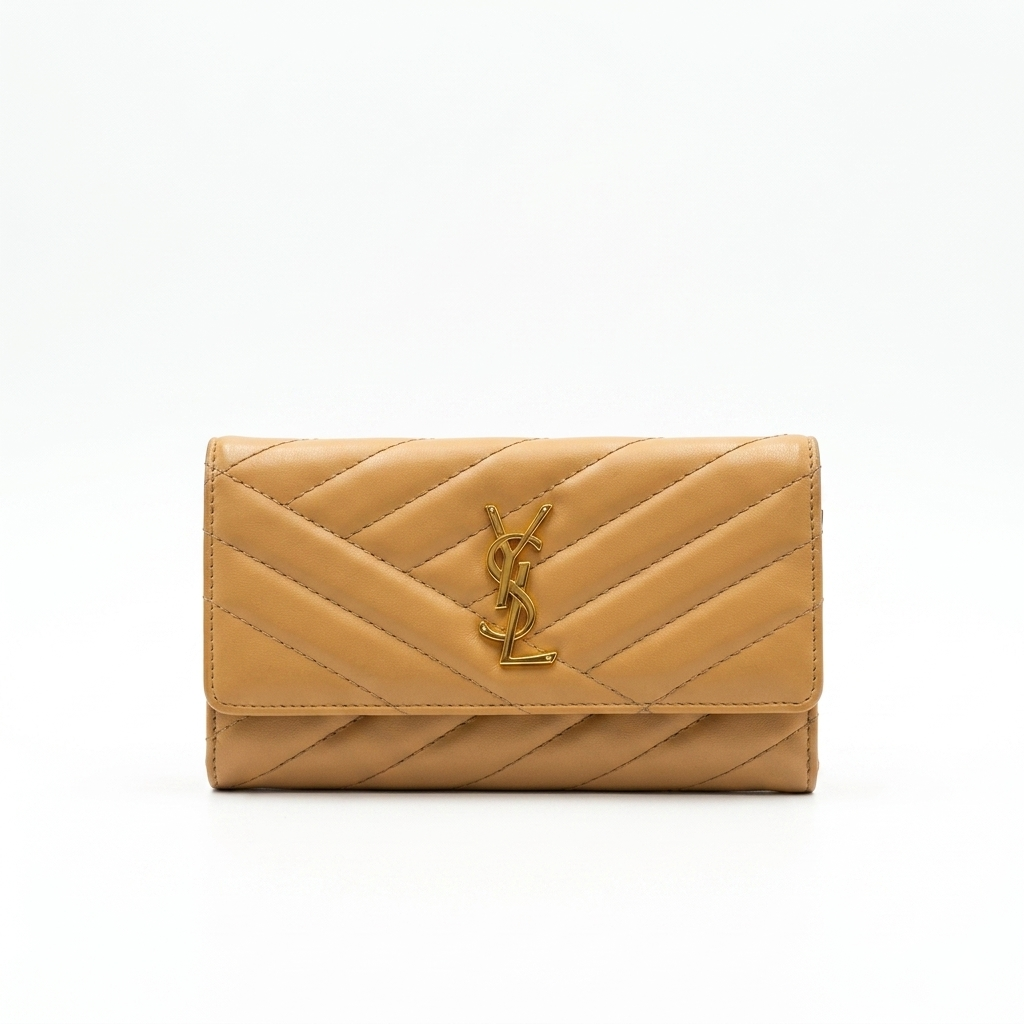 YVES SAINT LAURENT Women's Luxury Monogram Flap Wallet – Elegant Beige Quilted Leather Continental Clutch