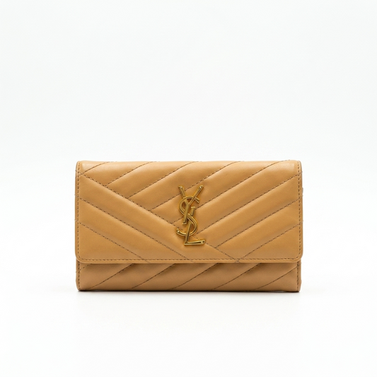 YVES SAINT LAURENT Women's Luxury Monogram Flap Wallet – Elegant Beige Quilted Leather Continental Clutch