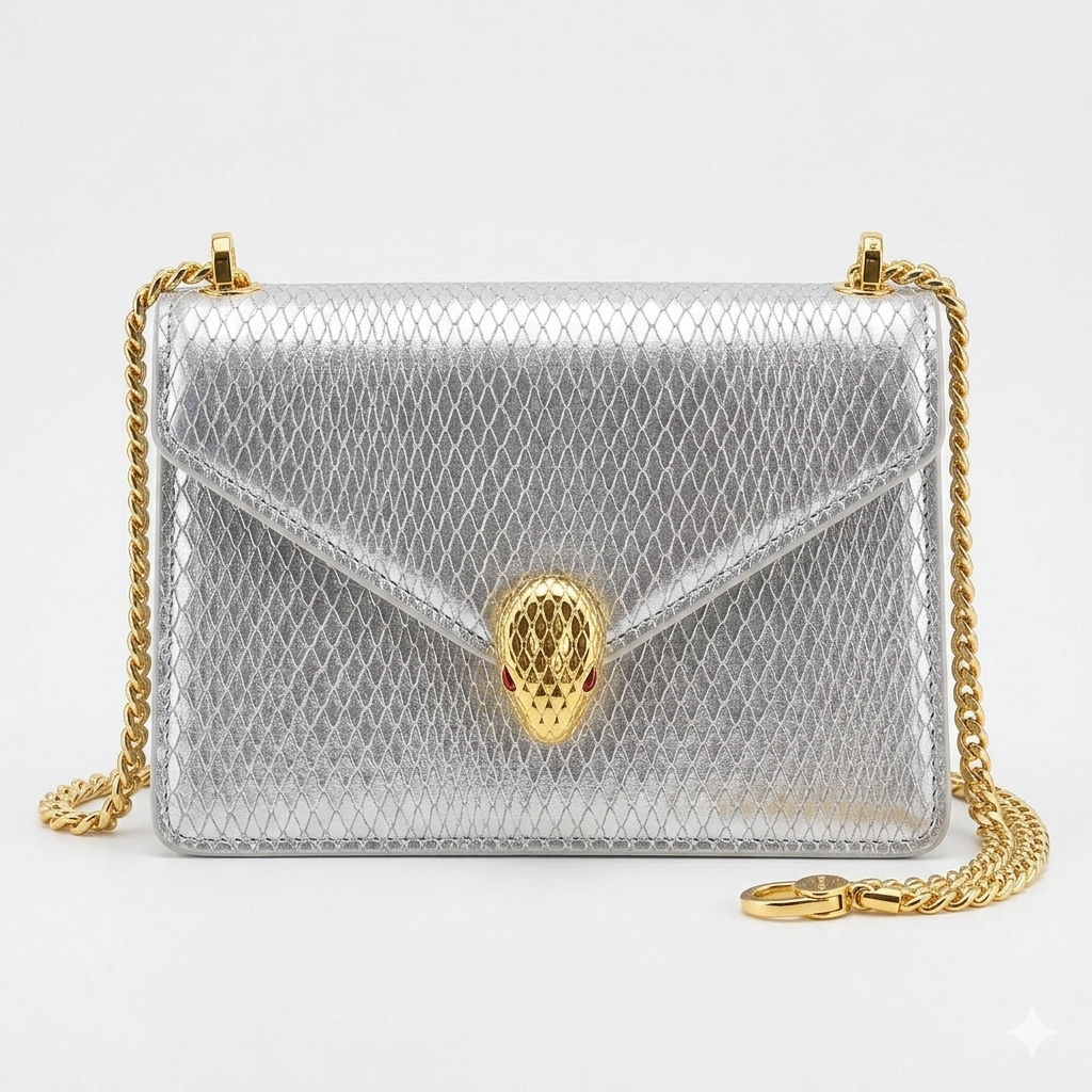 Bvlgari Serpenti Forever Silver & Golden Metallic Leather Clutch with Gold-Tone Chain