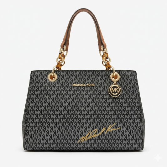 Michael Kors Cynthia Large Logo Satchel – Exclusive Signature Monogram Tote with Chain Link Detail