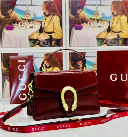Gucci Patent Leather Handbag – Luxury Tiger Head Buckle Crossbody Bag