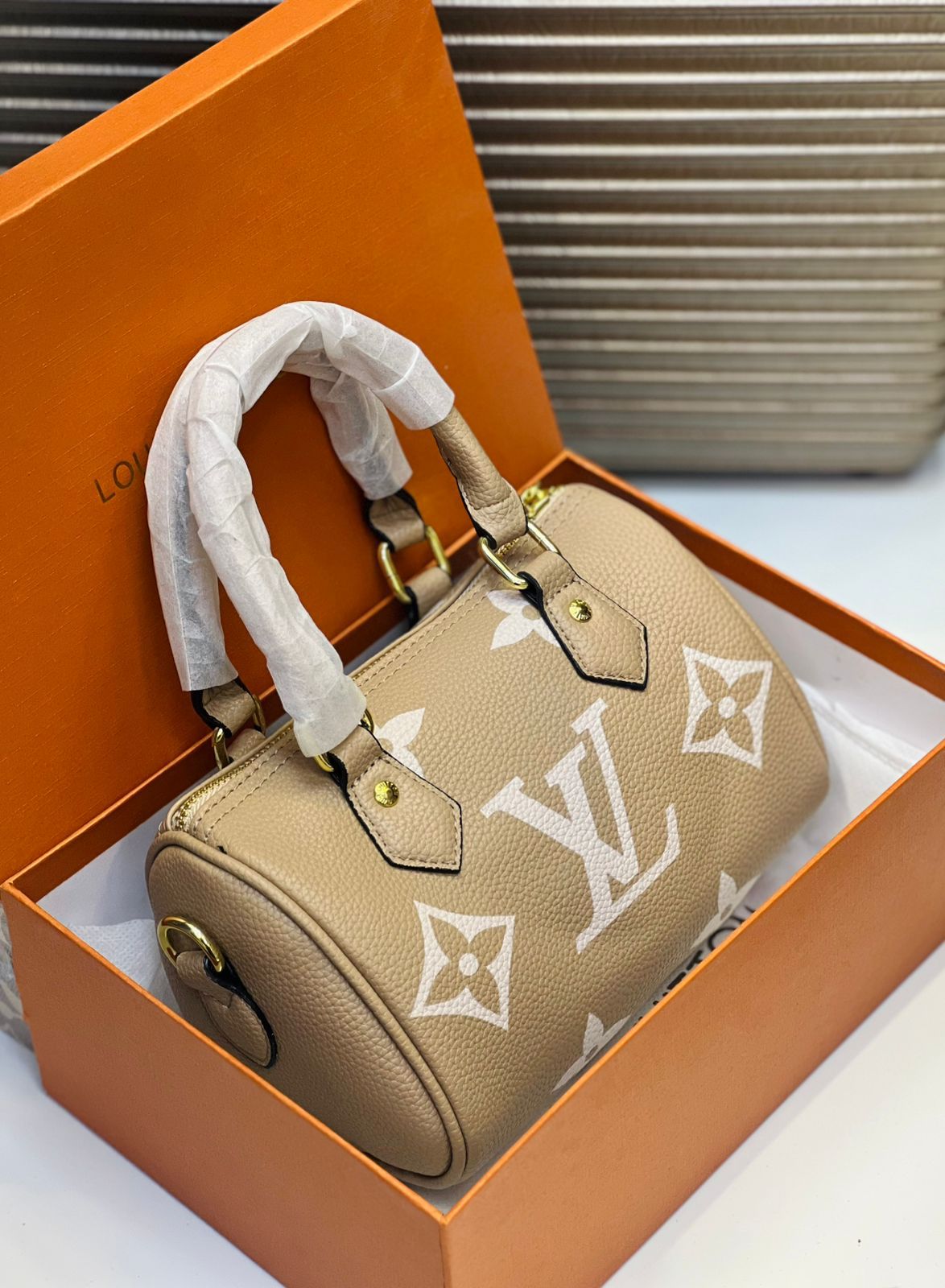 LV Speedy Bandoulière 20 - Beige Monogram Empreinte Leather with Gold-Tone Hardware