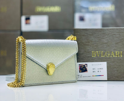 Bvlgari Serpenti Forever Silver & Golden Metallic Leather Clutch with Gold-Tone Chain