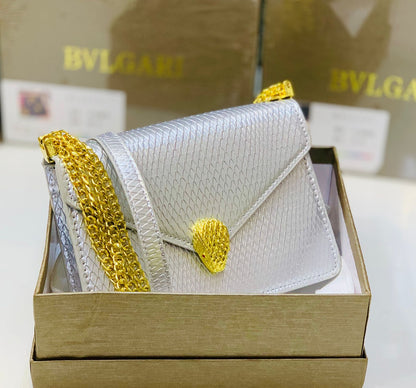 Bvlgari Serpenti Forever Silver & Golden Metallic Leather Clutch with Gold-Tone Chain